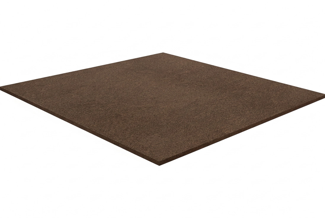Lámina de cartón comprimido marrón de 3 mm vista en perspectiva sobre fondo blanco