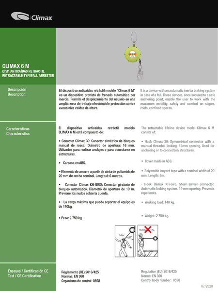 Dispositivo Retractil Anticaidas de 6M