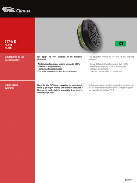 Filtros para Respiradores Climax 732 & 800 p/ Gases, Vapores Orgánicos y Partículas.s