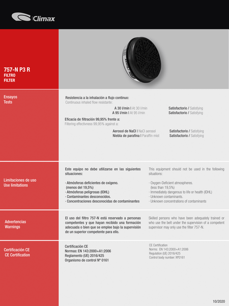 Filtros para Respiradores Climax 732 & 800 p/ Gases, Vapores Orgánicos y Partículas.s