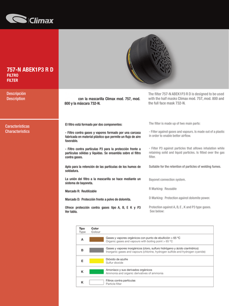 Filtros para Respiradores Climax 732 & 800 p/ Gases, Vapores Orgánicos y Partículas.s