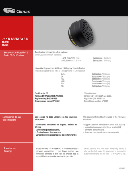 Filtros para Respiradores Climax 732 & 800 p/ Gases, Vapores Orgánicos y Partículas.s